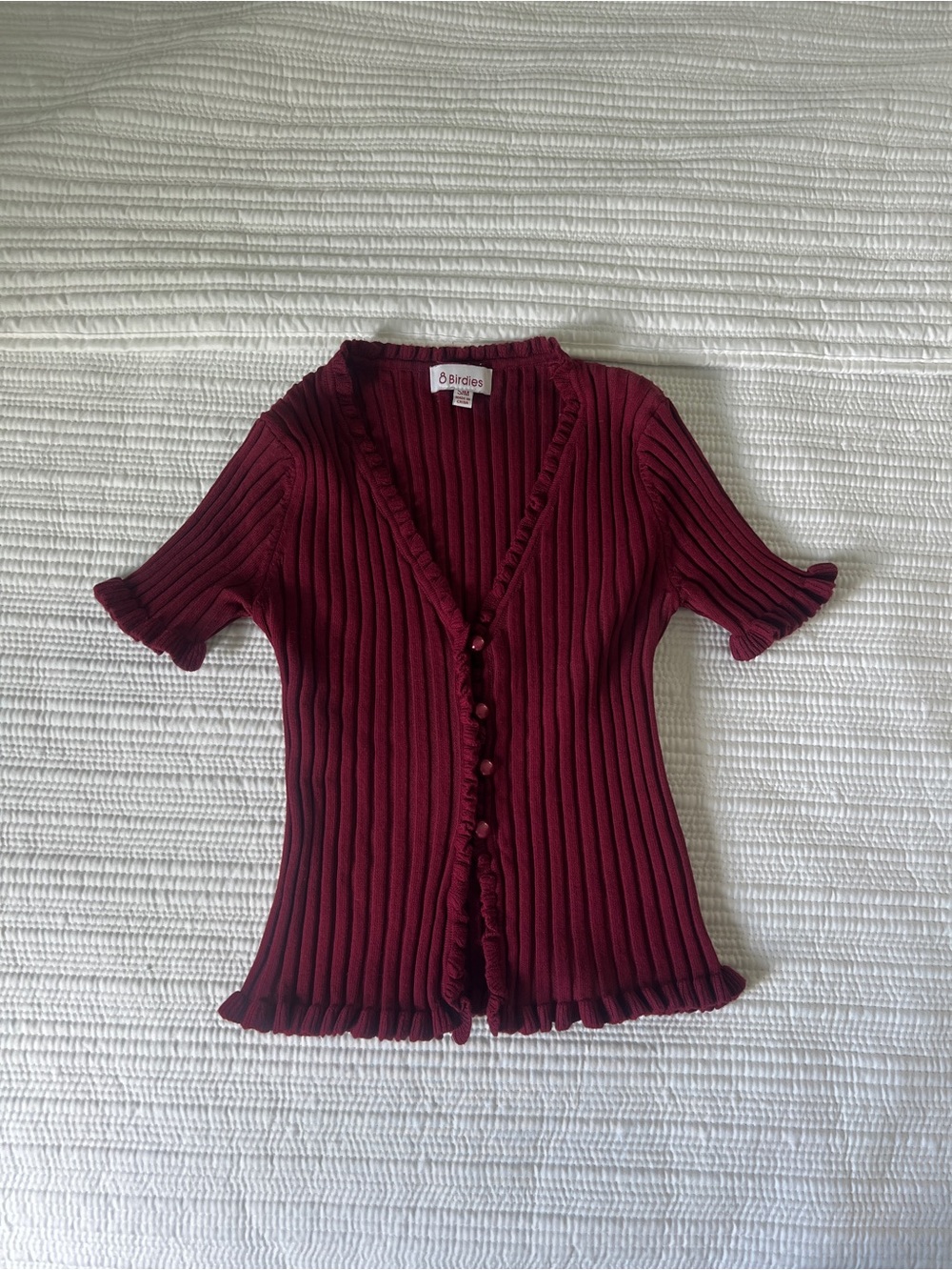 Birdies Wine Ribbed Button-Front Short Sleeve Top